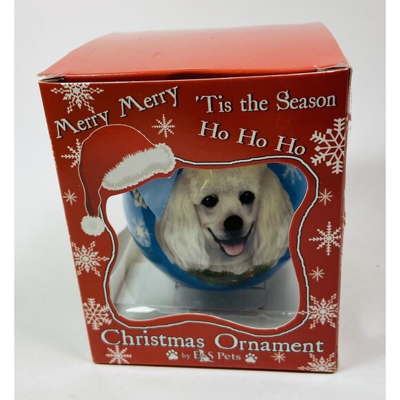 Merry Merry White Standard Poodle Ornament Shiny Blue Ball In Gift Box - Picture 1 of 5